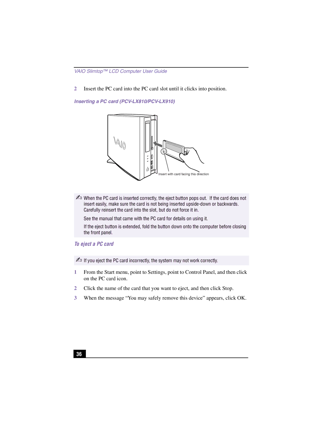 Sony manual To eject a PC card, Inserting a PC card PCV-LX810/PCV-LX910 