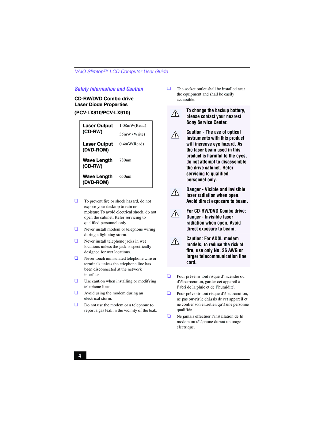 Sony PCV-LX810, PCV-LX910 manual Safety Information and Caution 