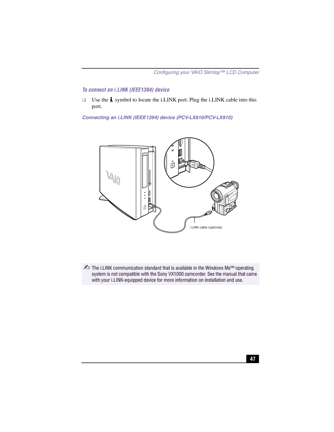 Sony manual To connect an i.LINK IEEE1394 device, Connecting an i.LINK IEEE1394 device PCV-LX810/PCV-LX910 