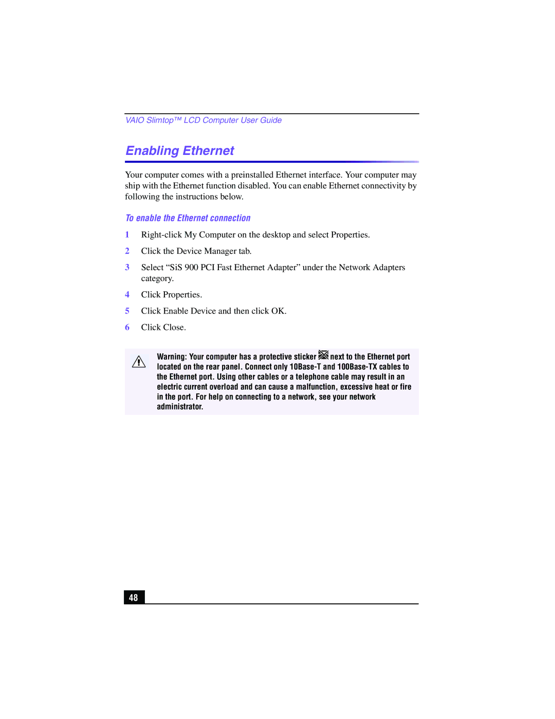 Sony PCV-LX810, PCV-LX910 manual Enabling Ethernet, To enable the Ethernet connection 