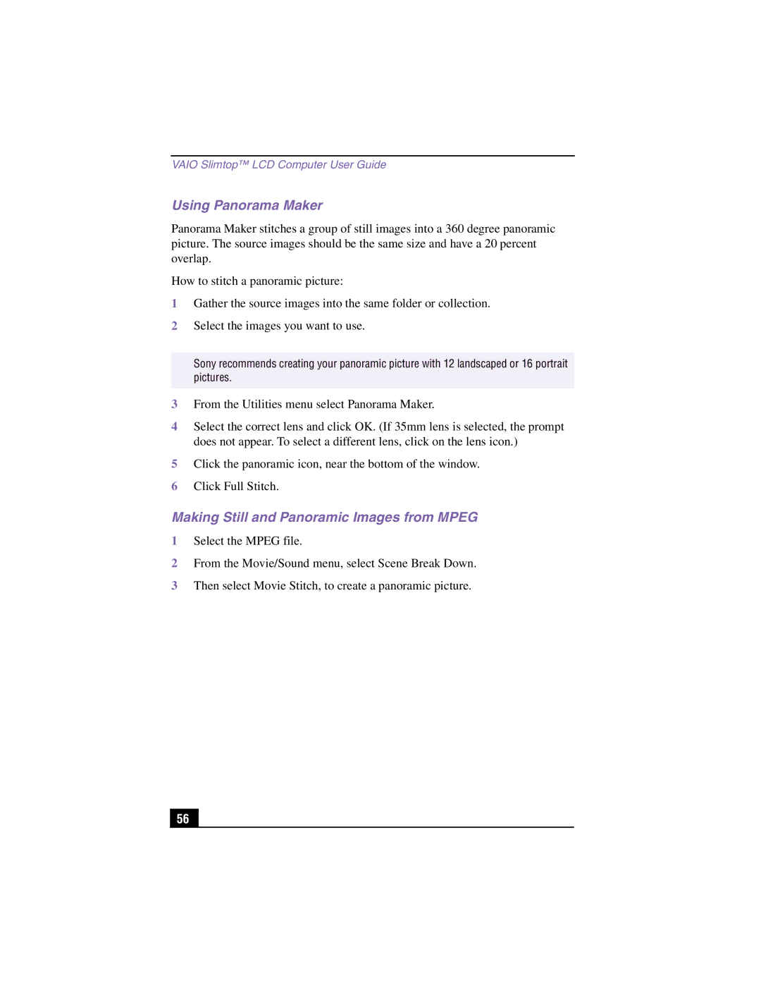 Sony PCV-LX810, PCV-LX910 manual Using Panorama Maker, Making Still and Panoramic Images from Mpeg 