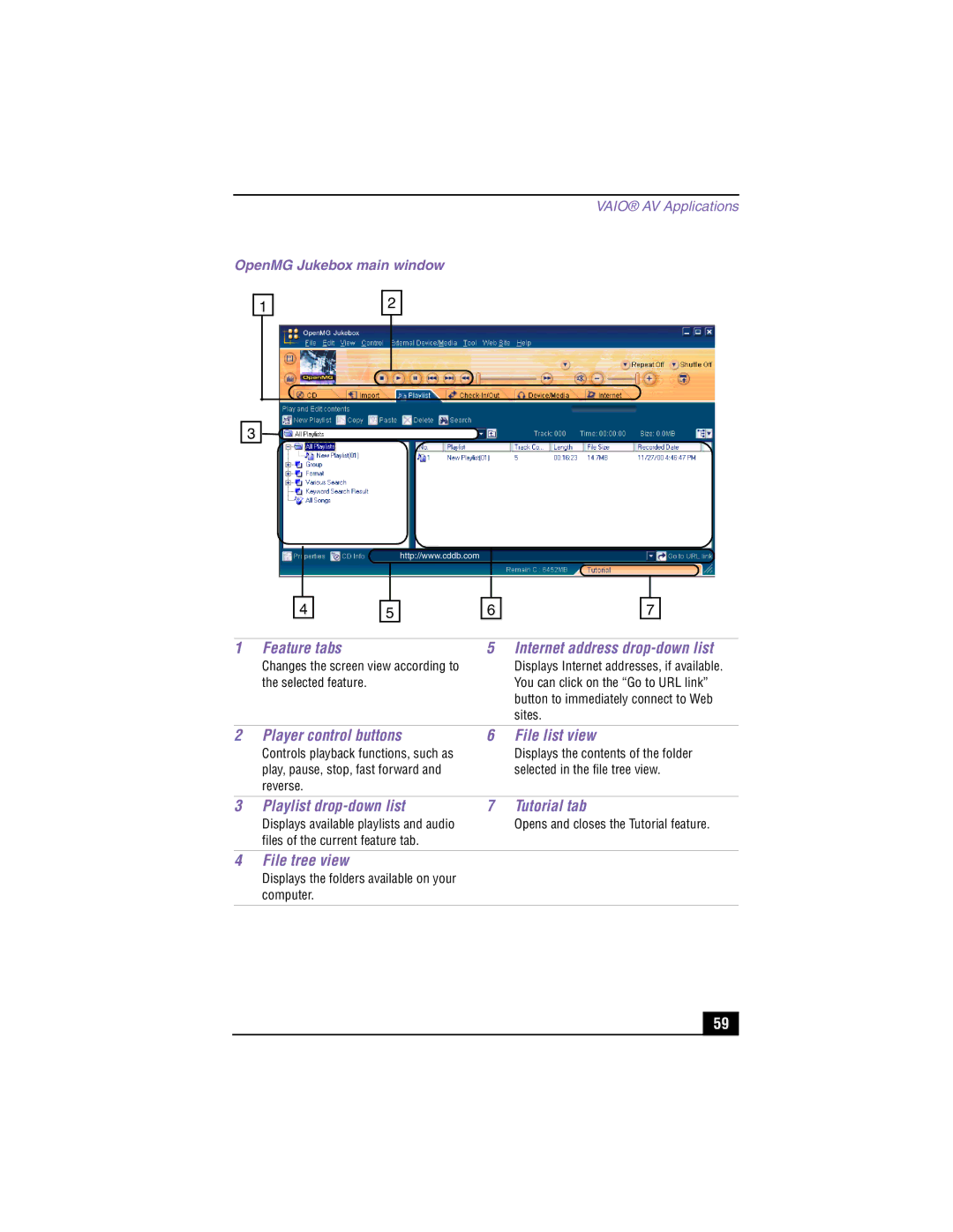 Sony PCV-LX910 Feature tabs, Player control buttons File list view, Playlist drop-down list Tutorial tab, File tree view 