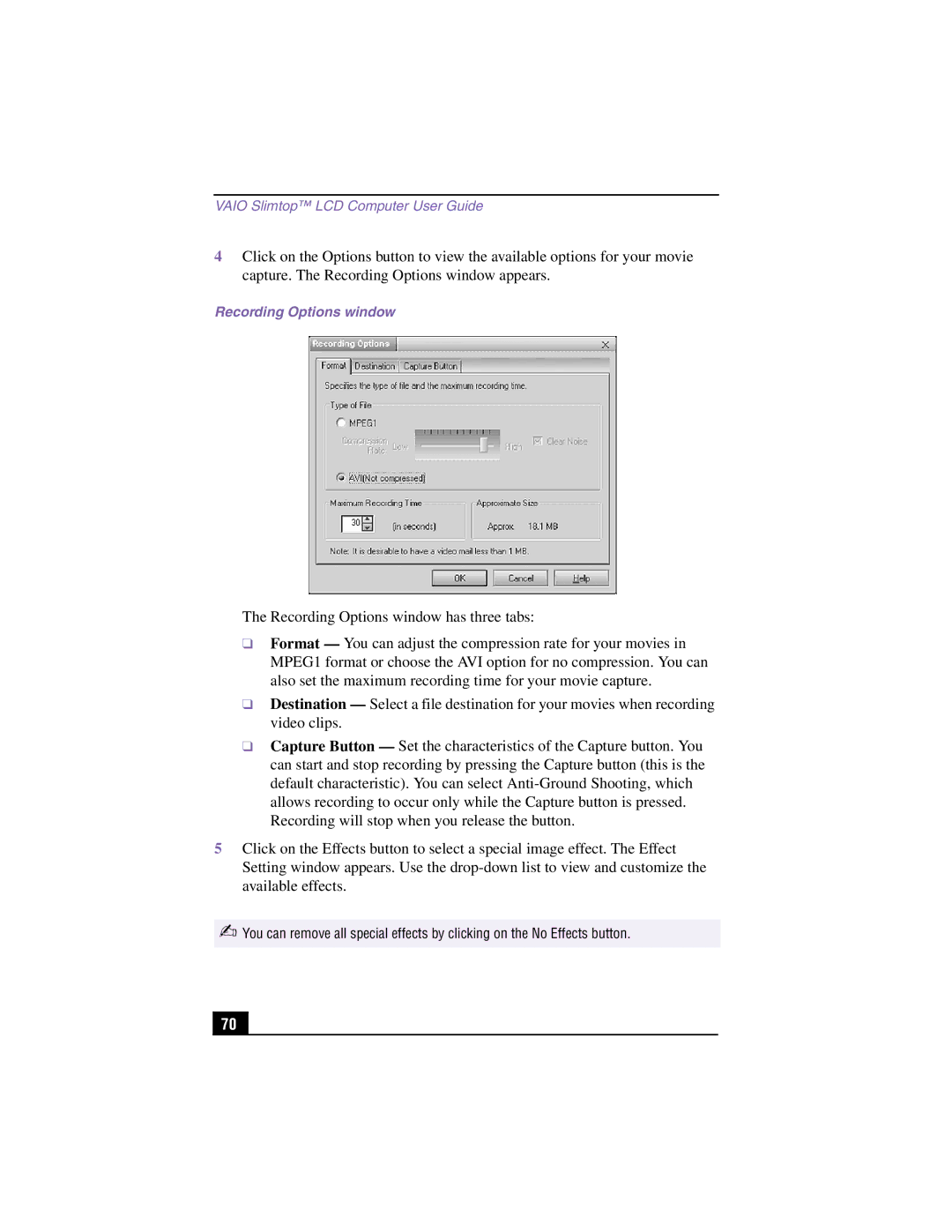 Sony PCV-LX810, PCV-LX910 manual Recording Options window 