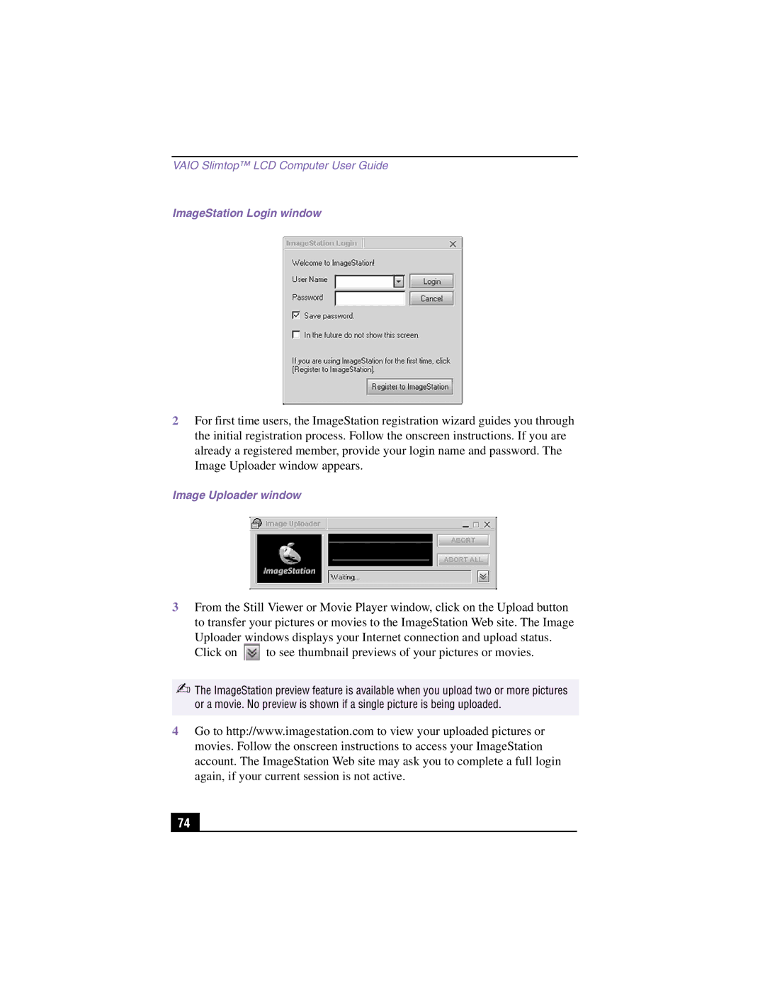 Sony PCV-LX810, PCV-LX910 manual ImageStation Login window, Image Uploader window 