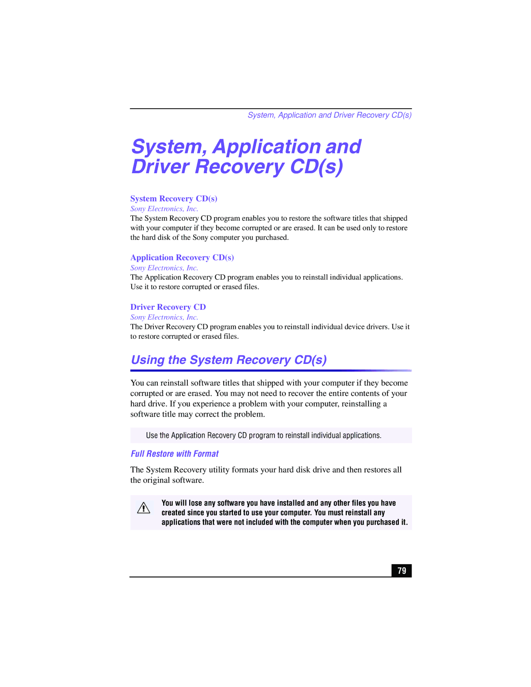 Sony PCV-LX910, PCV-LX810 manual Using the System Recovery CDs, Full Restore with Format 