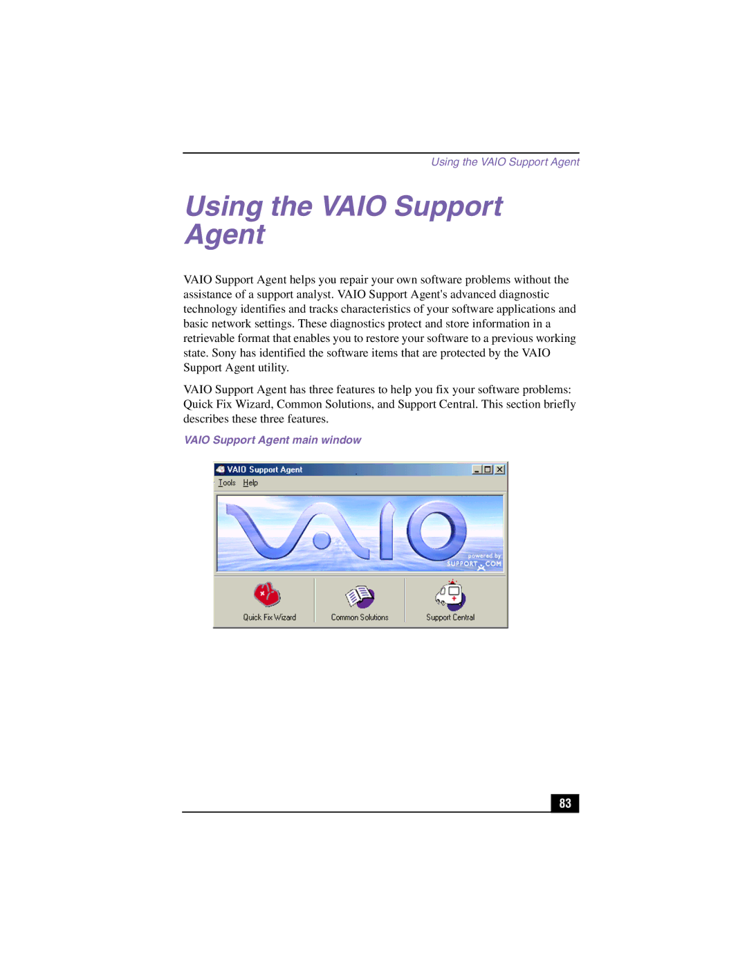 Sony PCV-LX910, PCV-LX810 manual Using the Vaio Support Agent, Vaio Support Agent main window 