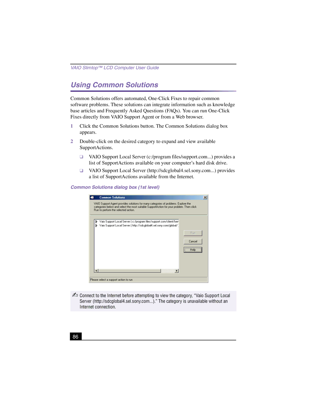 Sony PCV-LX810, PCV-LX910 manual Using Common Solutions, Common Solutions dialog box 1st level 