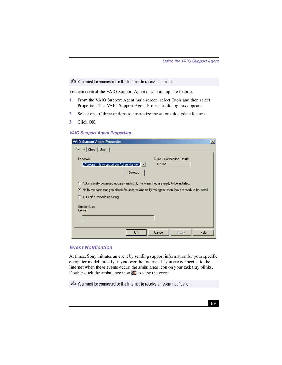 Sony PCV-LX910, PCV-LX810 manual Event Notification, Vaio Support Agent Properties 