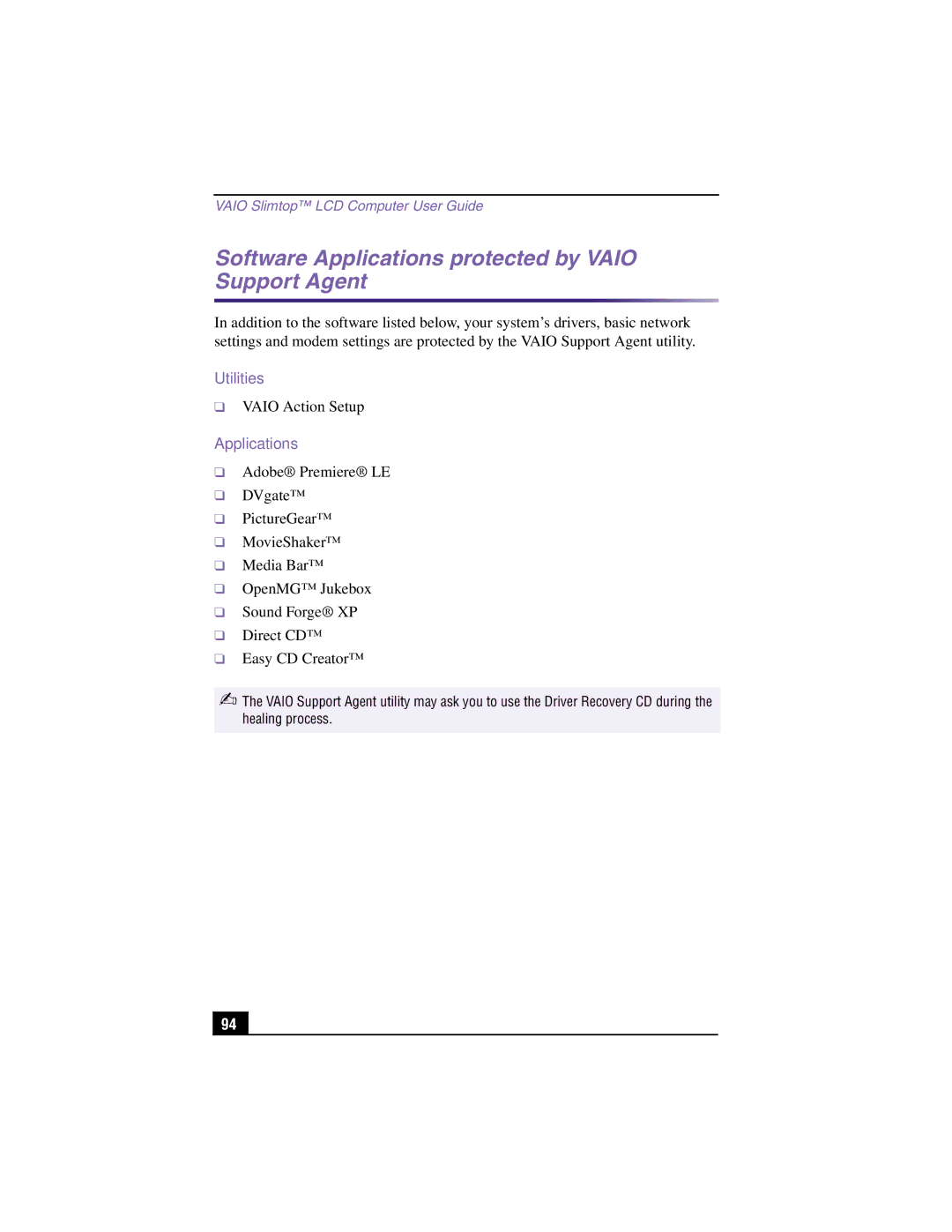Sony PCV-LX810, PCV-LX910 manual Software Applications protected by Vaio Support Agent, Utilities 