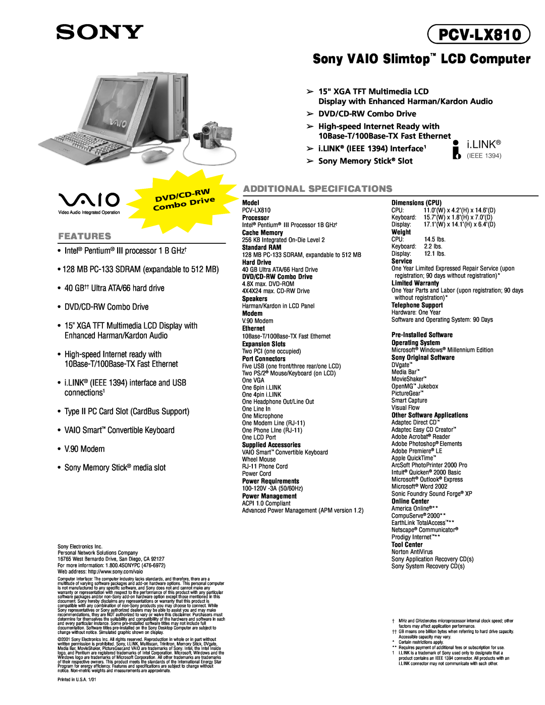 Sony PCV-LX810 dimensions Sony VAIO Slimtop LCD Computer, i.LINK, Additional Specifications, Features, Dvd/Cd, Drive 