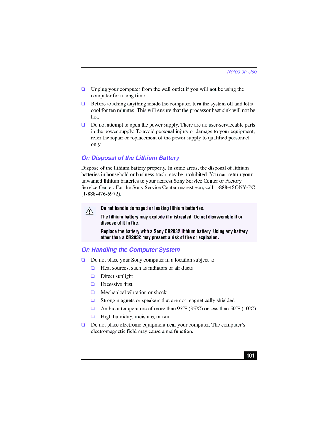 Sony PCV-LX900 manual On Disposal of the Lithium Battery, On Handling the Computer System 