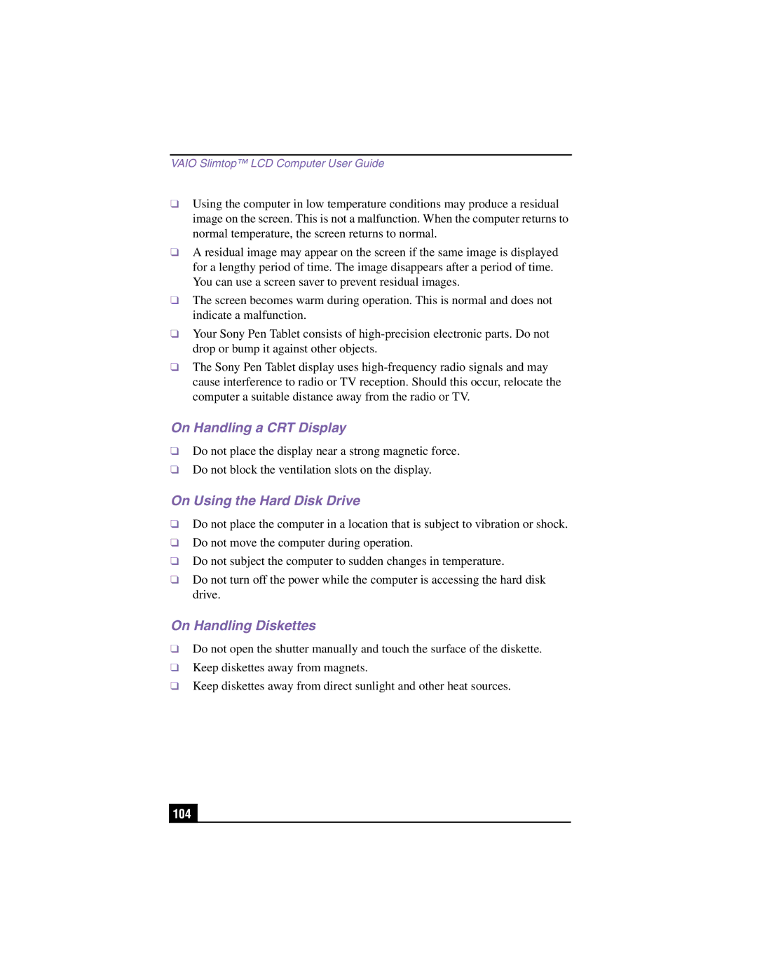 Sony PCV-LX900 manual On Handling a CRT Display, On Using the Hard Disk Drive, On Handling Diskettes 