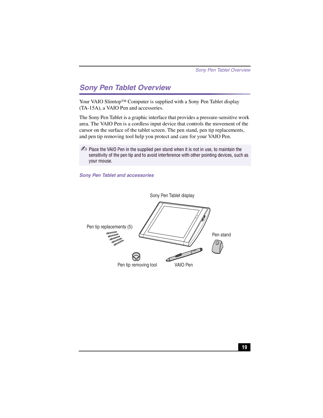 Sony PCV-LX900 manual Sony Pen Tablet Overview, Sony Pen Tablet and accessories 