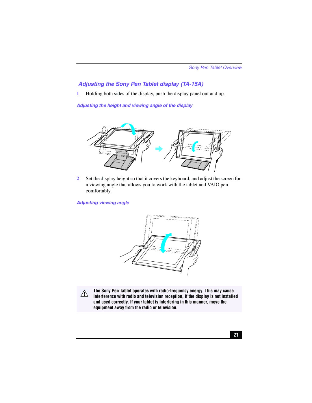 Sony PCV-LX900 manual Adjusting the Sony Pen Tablet display TA-15A, Adjusting the height and viewing angle of the display 