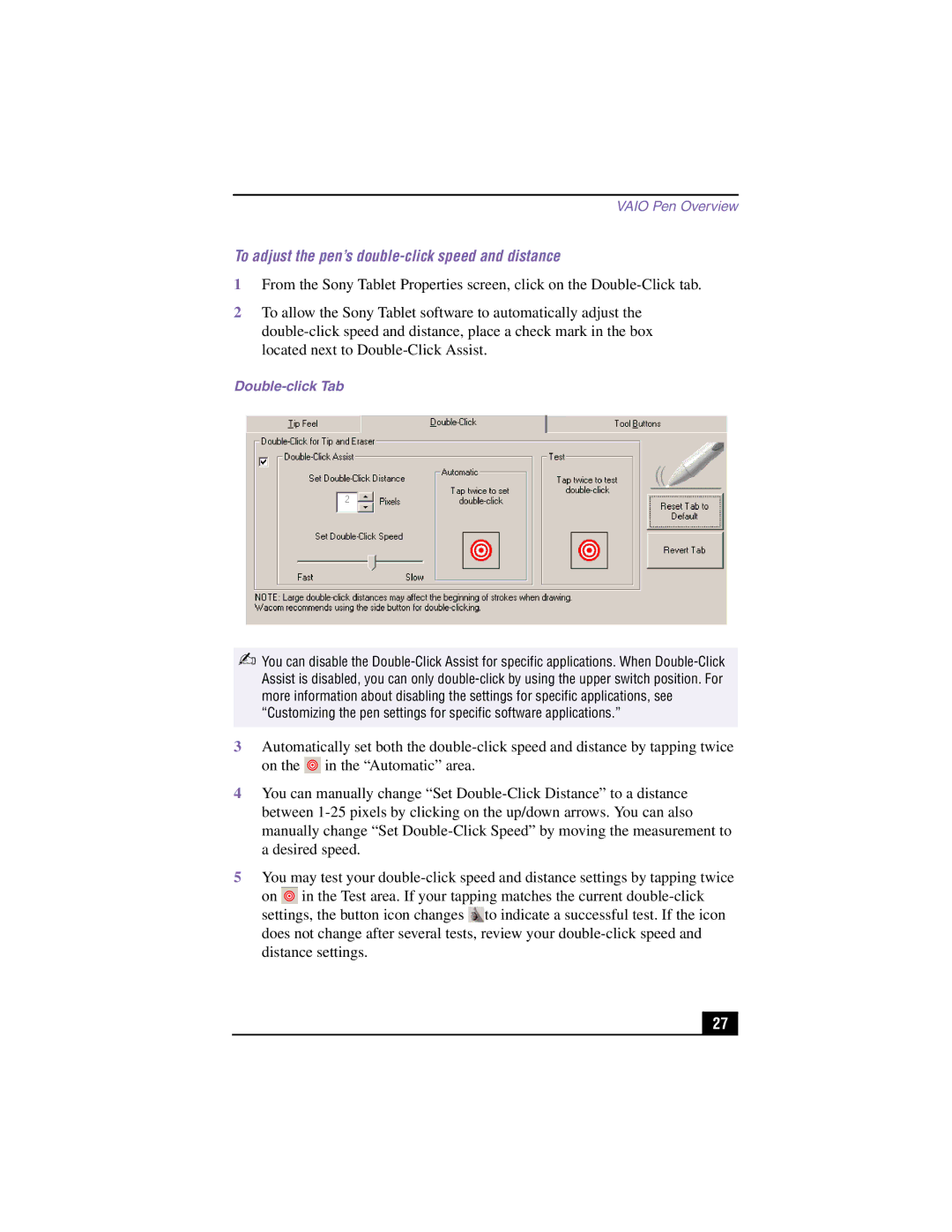 Sony PCV-LX900 manual To adjust the pen’s double-click speed and distance, Double-click Tab 