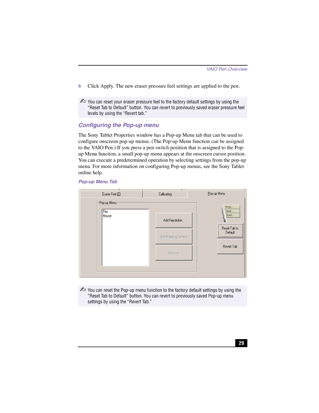 Sony PCV-LX900 manual Configuring the Pop-up menu, Pop-up Menu Tab 