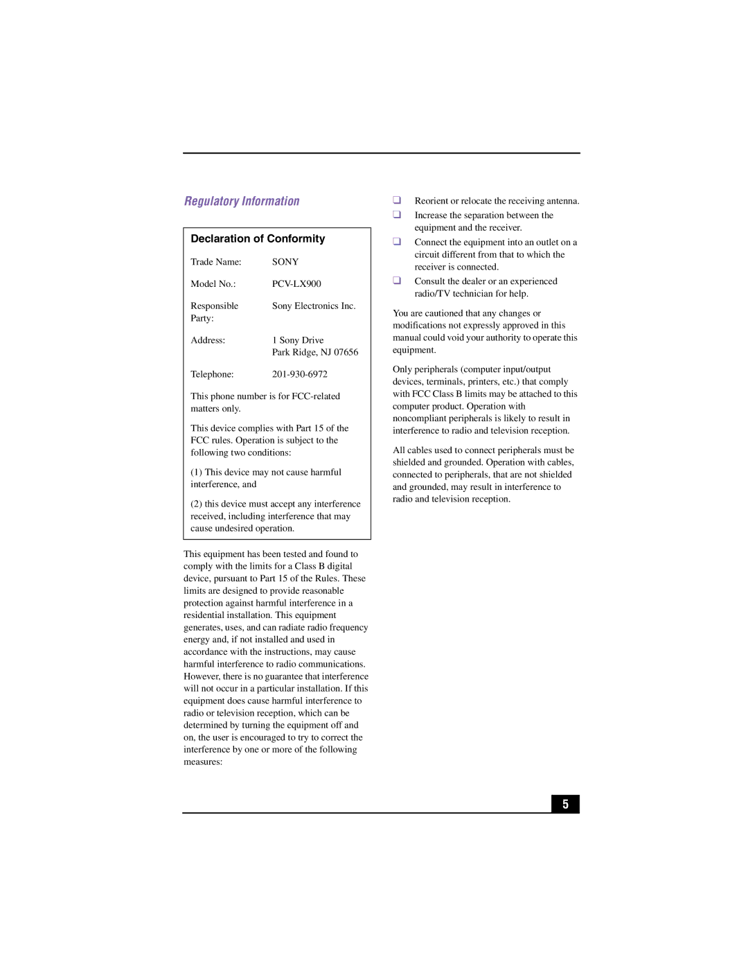 Sony PCV-LX900 manual Regulatory Information, Declaration of Conformity 