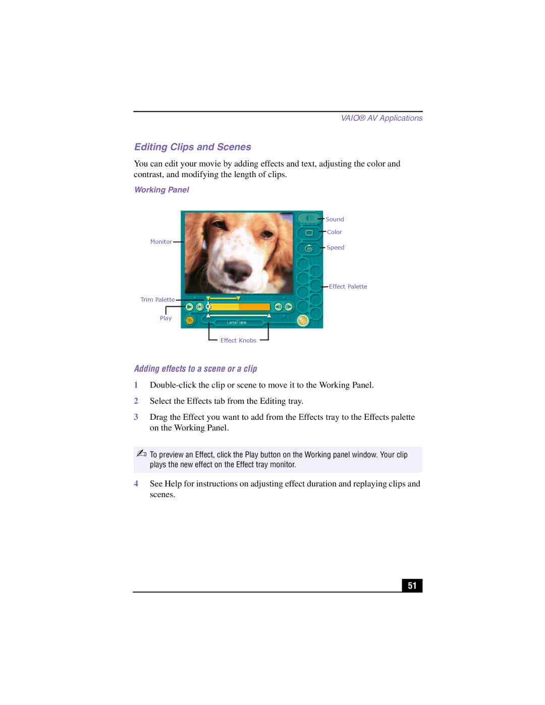 Sony PCV-LX900 manual Editing Clips and Scenes, Adding effects to a scene or a clip, Working Panel 