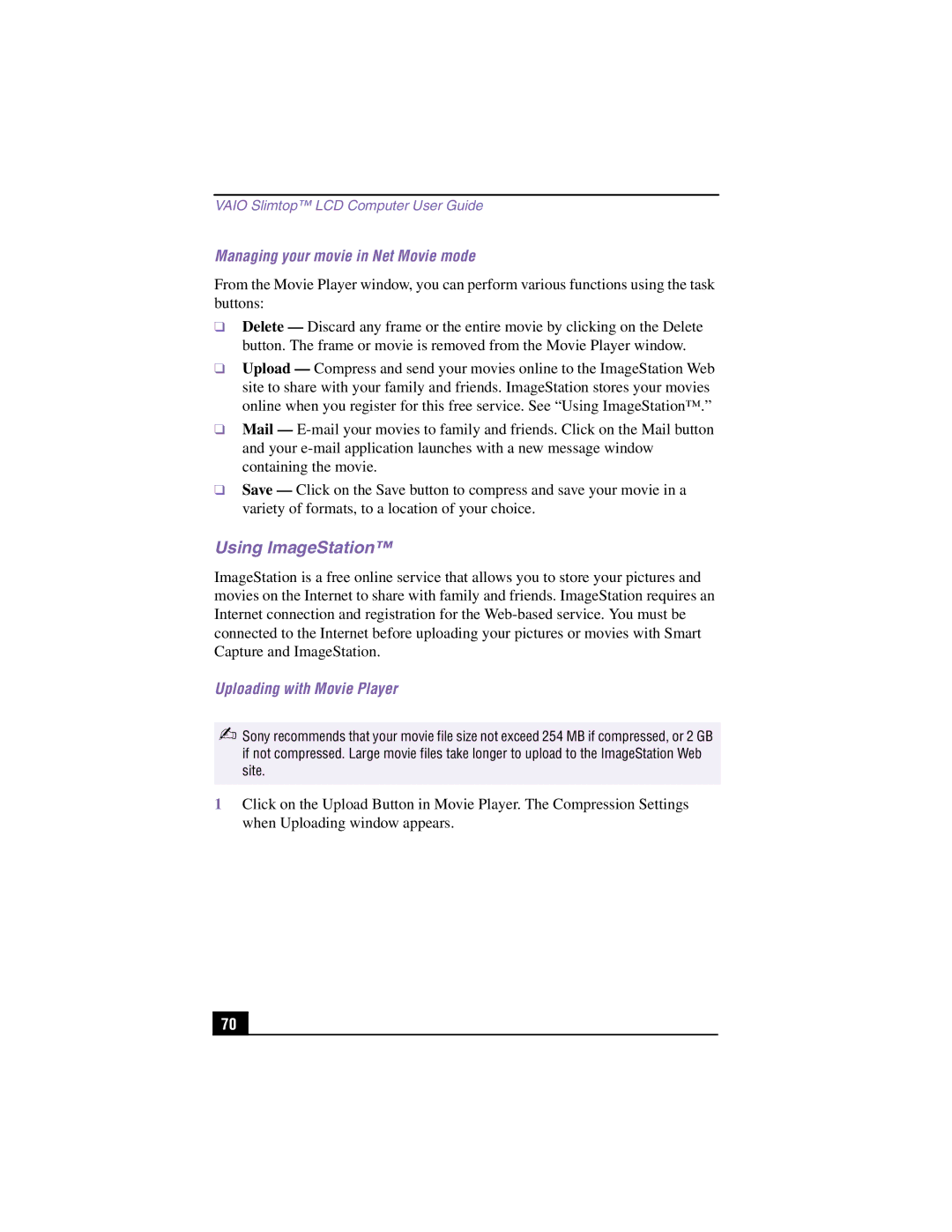 Sony PCV-LX900 manual Using ImageStation, Managing your movie in Net Movie mode, Uploading with Movie Player 