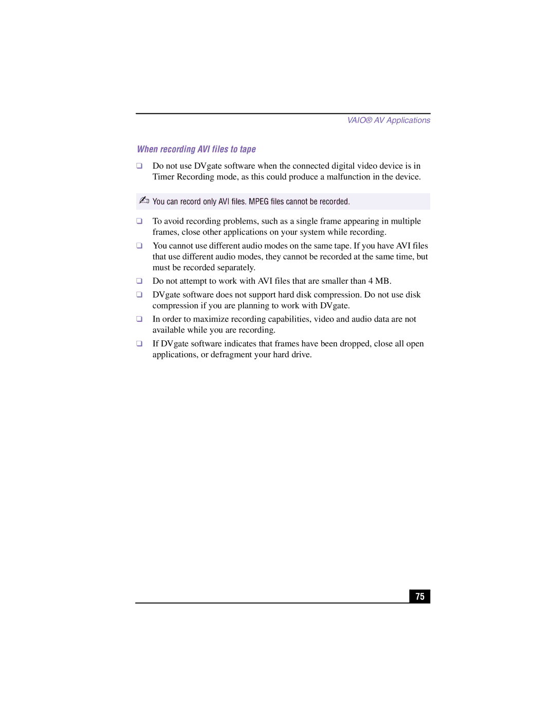 Sony PCV-LX900 manual When recording AVI files to tape 