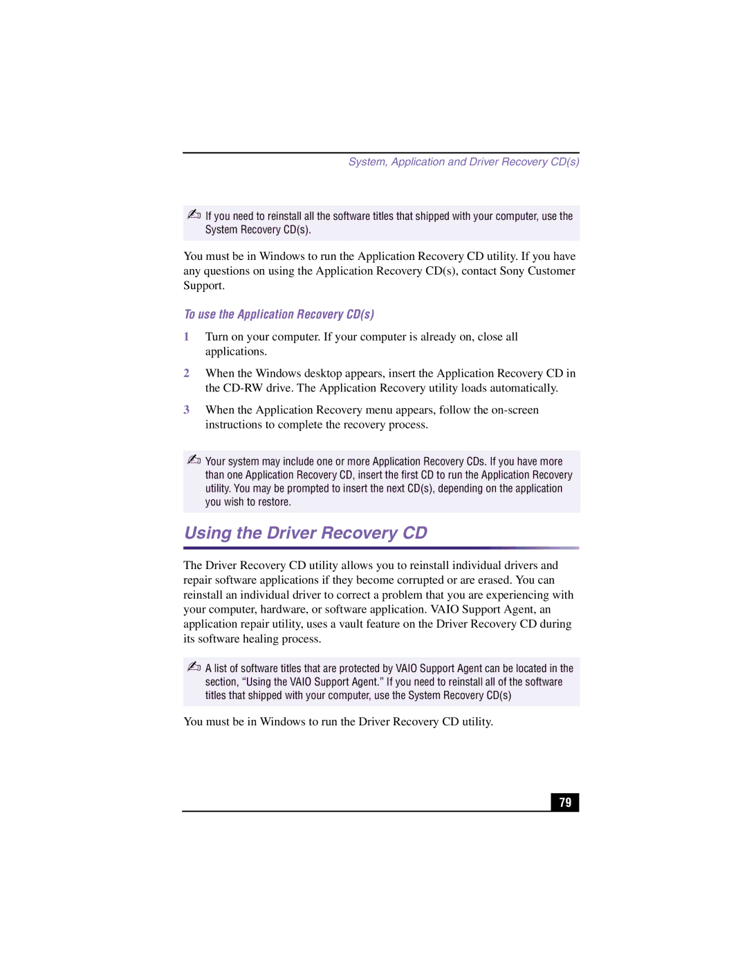 Sony PCV-LX900 manual Using the Driver Recovery CD, To use the Application Recovery CDs 