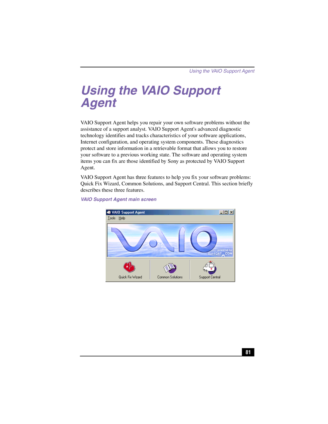 Sony PCV-LX900 manual Using the Vaio Support Agent, Vaio Support Agent main screen 