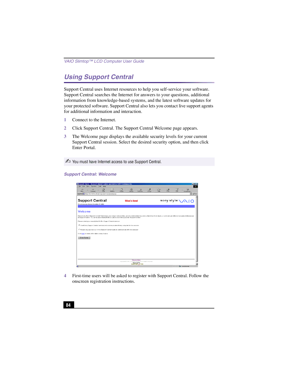 Sony PCV-LX900 manual Using Support Central, Support Central Welcome 