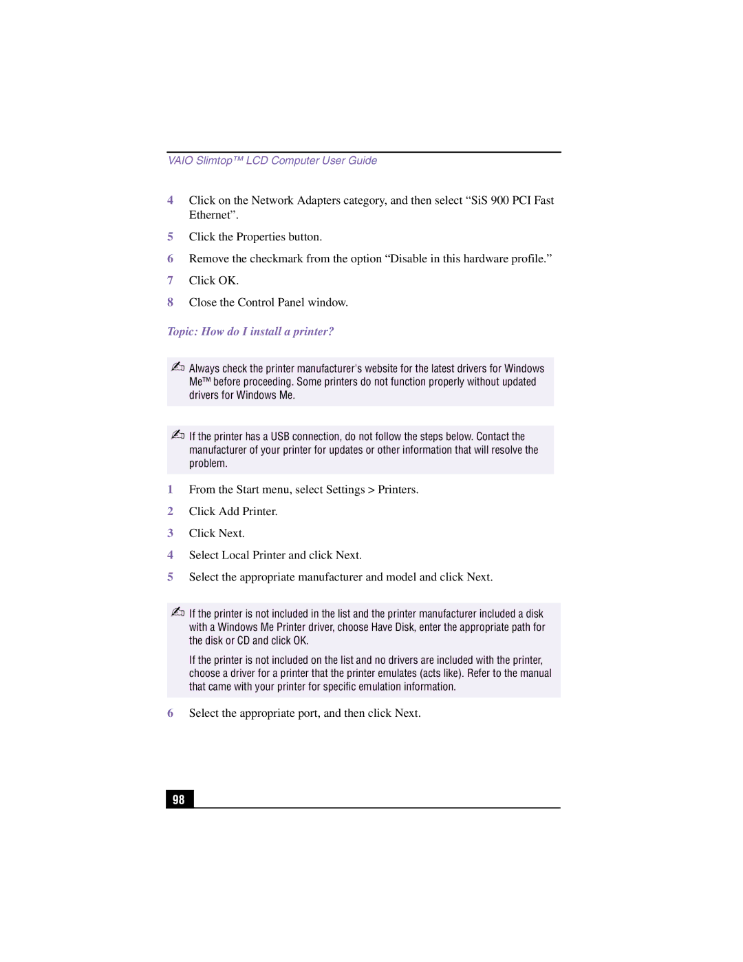 Sony PCV-LX900 manual Topic How do I install a printer? 