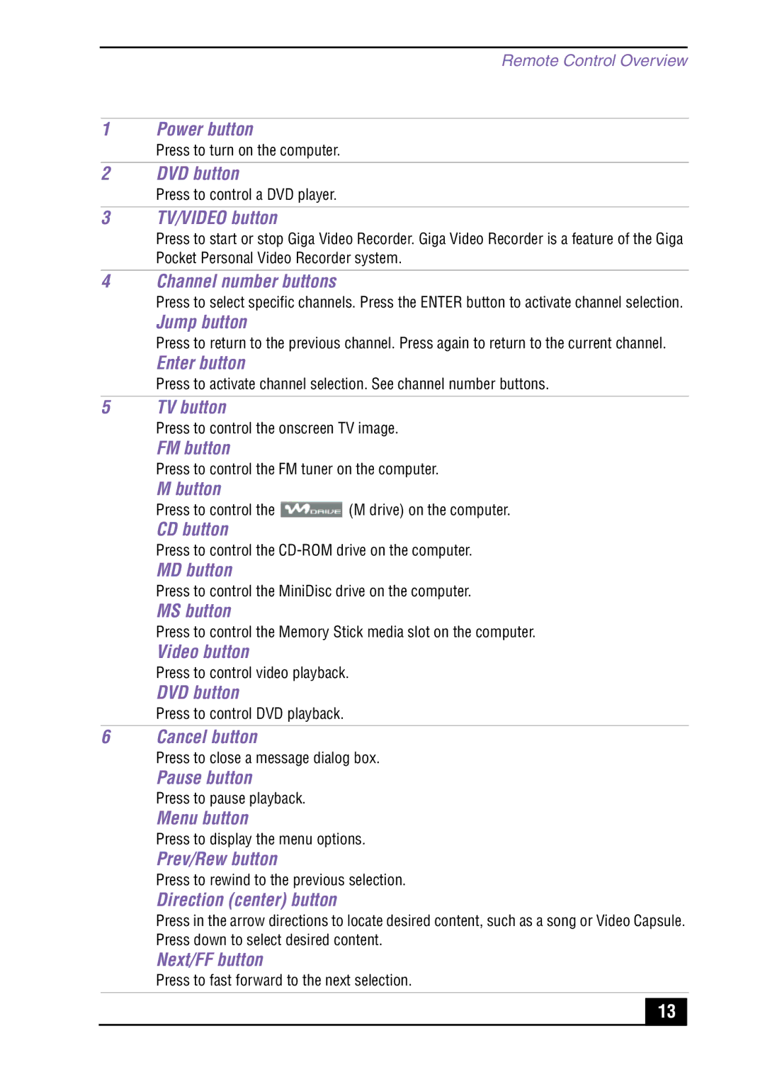 Sony PCV-MXS10 Power button, DVD button, TV/VIDEO button, Channel number buttons, Jump button, Enter button, TV button 