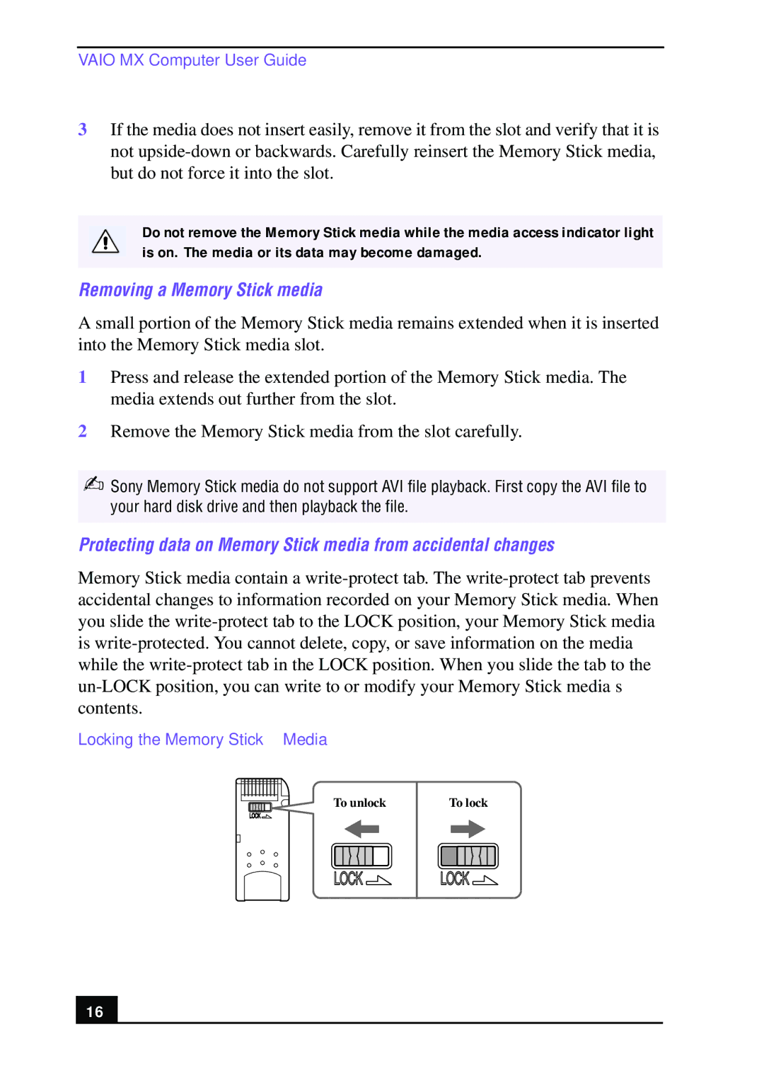 Sony PCV-MXS10 manual Removing a Memory Stick media, Locking the Memory Stick Media 