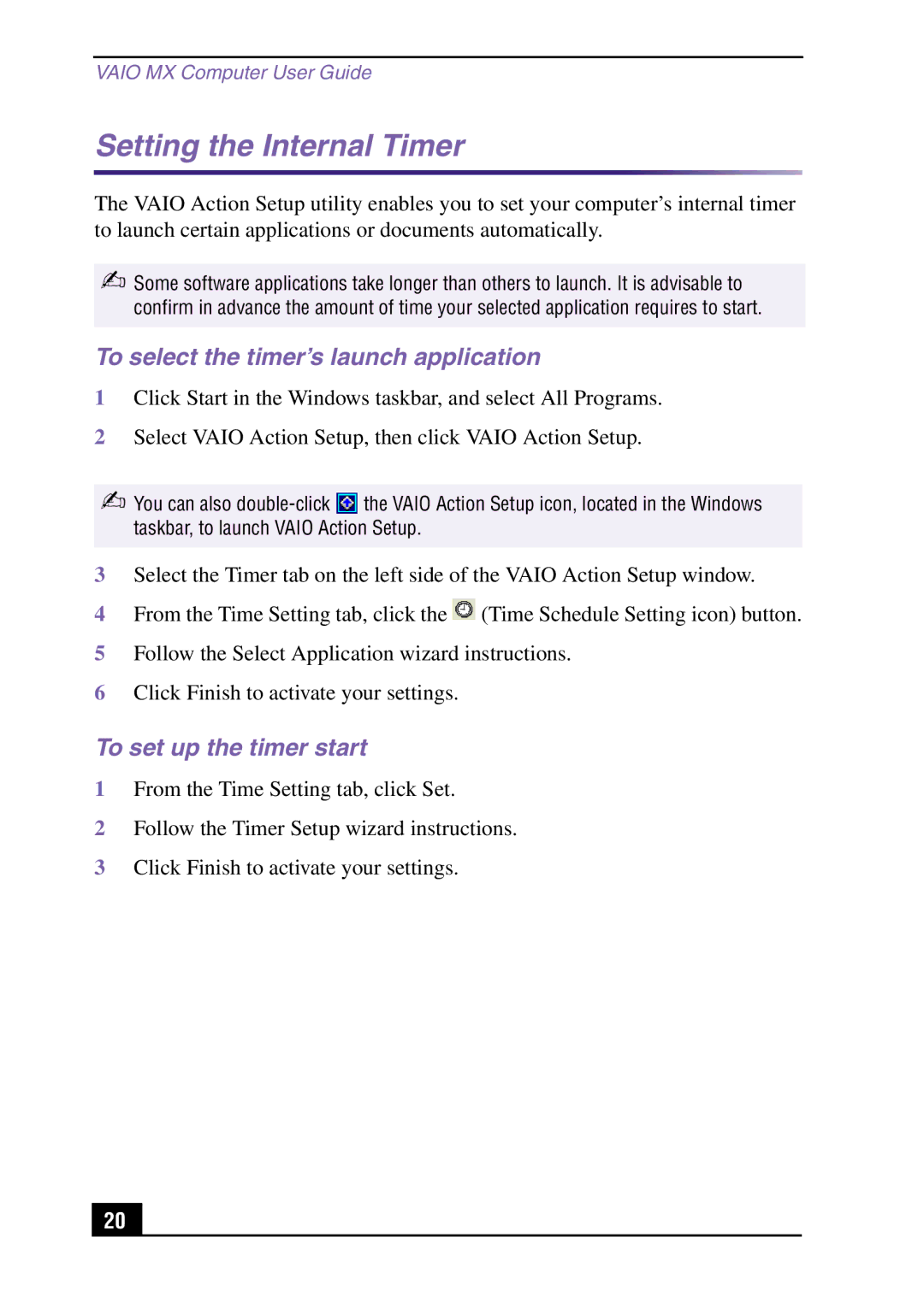 Sony PCV-MXS10 manual Setting the Internal Timer, To select the timer’s launch application, To set up the timer start 