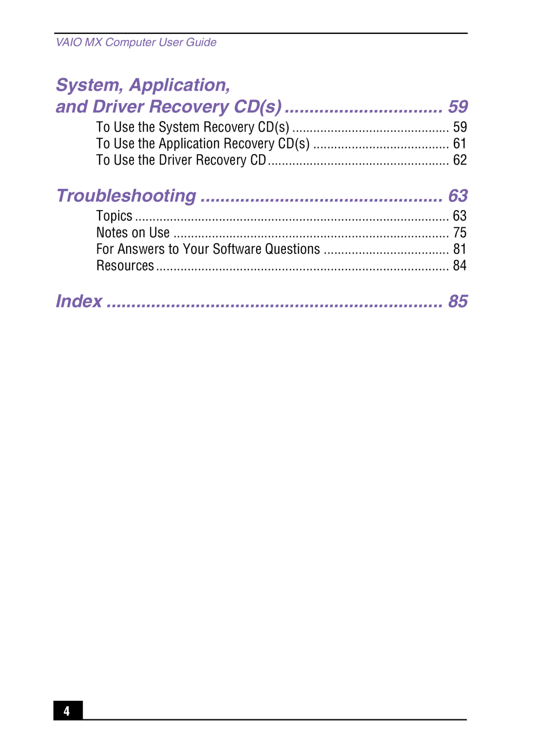 Sony PCV-MXS10 manual System, Application, Troubleshooting, Index 