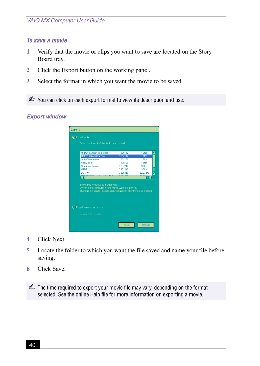 Sony PCV-MXS10 manual To save a movie, Export window 