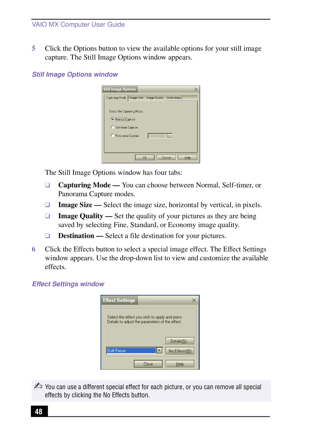 Sony PCV-MXS10 manual Still Image Options window, Effect Settings window 