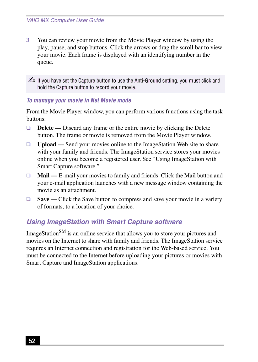 Sony PCV-MXS10 manual Using ImageStation with Smart Capture software, To manage your movie in Net Movie mode 