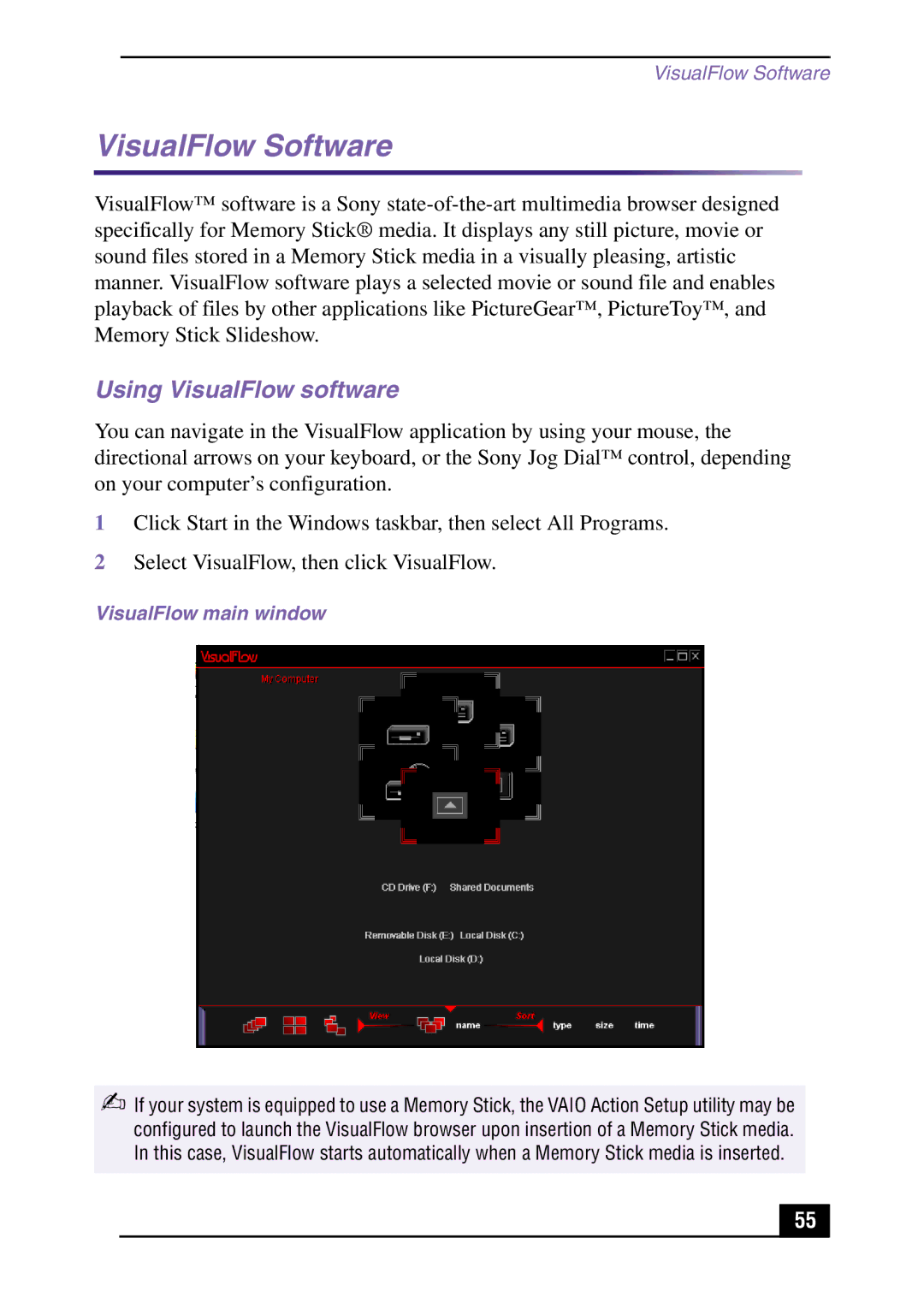 Sony PCV-MXS10 manual VisualFlow Software, Using VisualFlow software, VisualFlow main window 