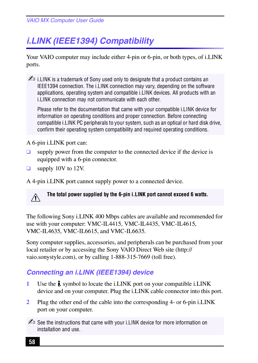 Sony PCV-MXS10 manual Link IEEE1394 Compatibility, Connecting an i.LINK IEEE1394 device 