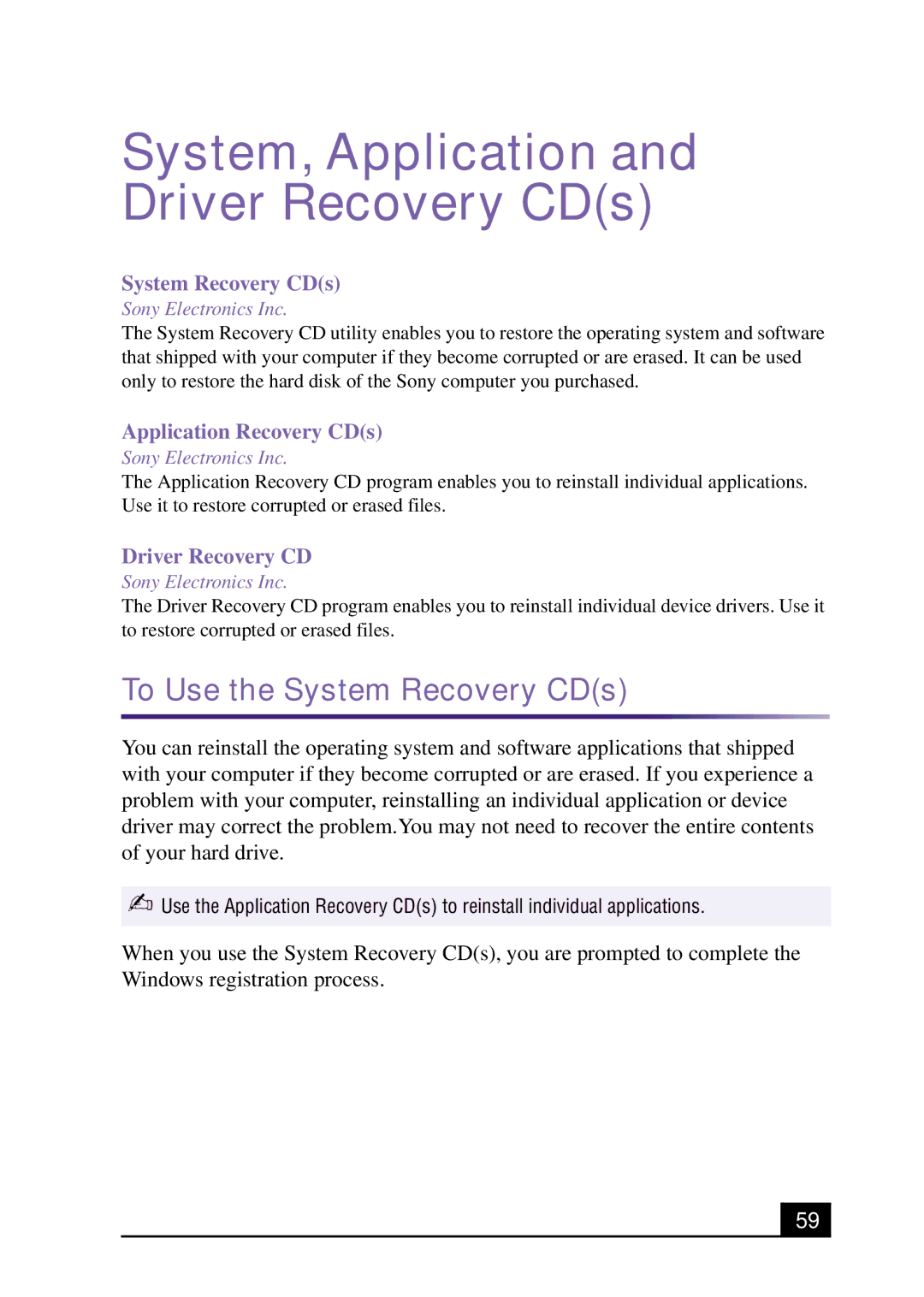 Sony PCV-MXS10 manual System, Application and Driver Recovery CDs, To Use the System Recovery CDs 