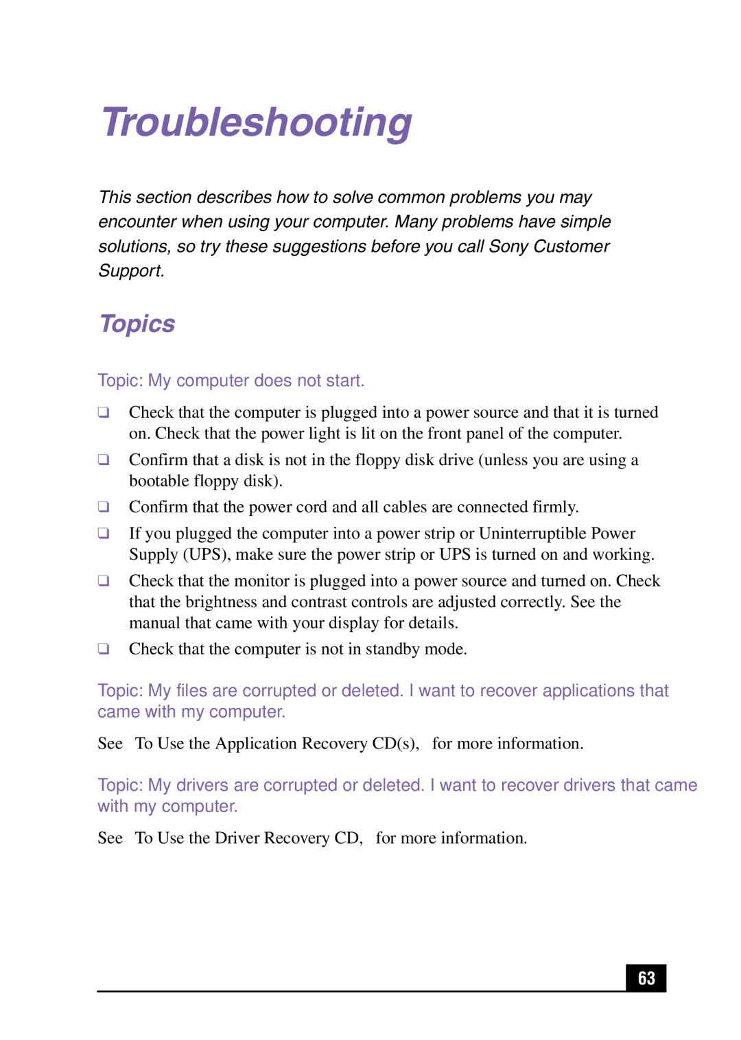 Sony PCV-MXS10 manual Topics, Topic My computer does not start 