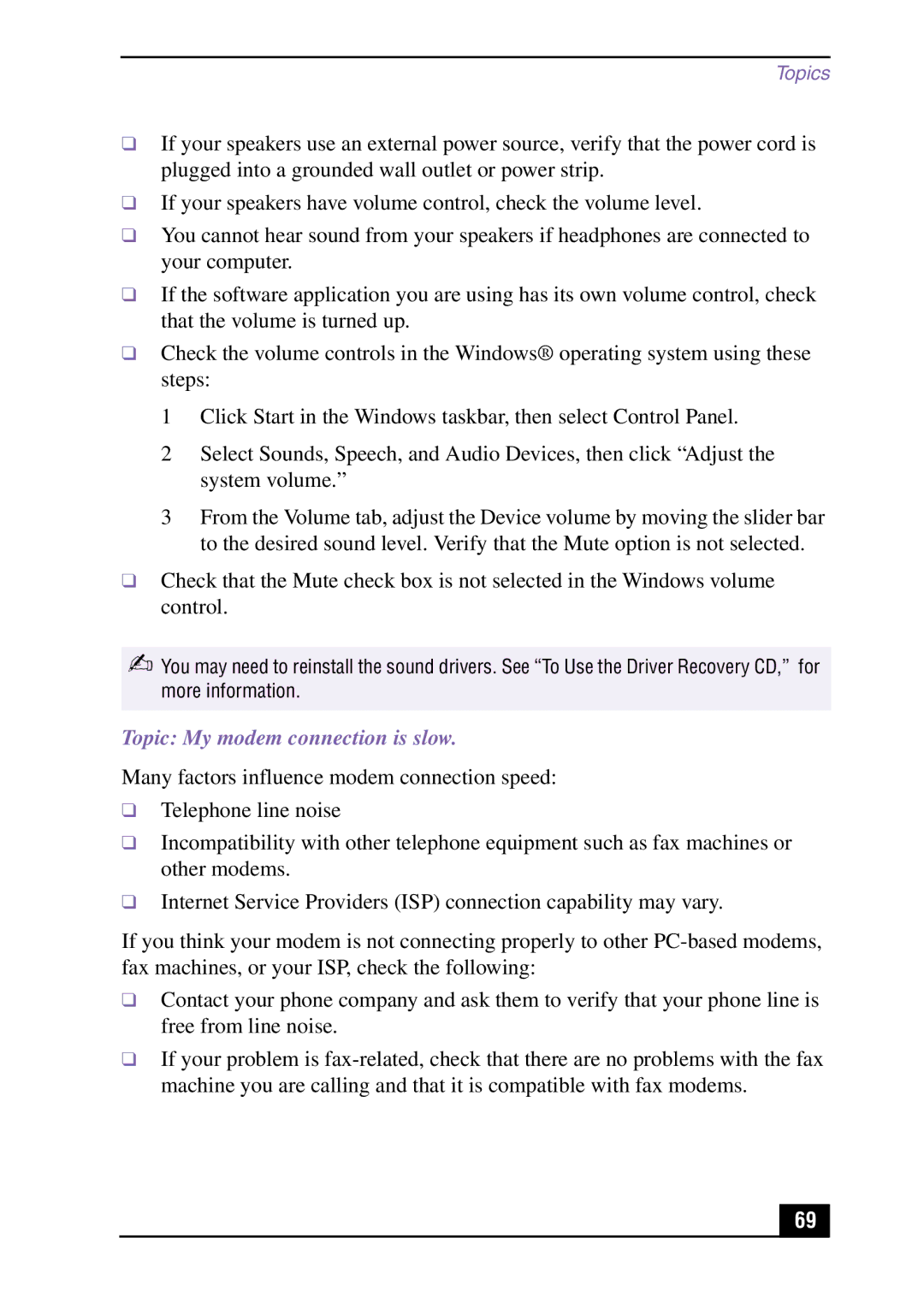 Sony PCV-MXS10 manual Topic My modem connection is slow 