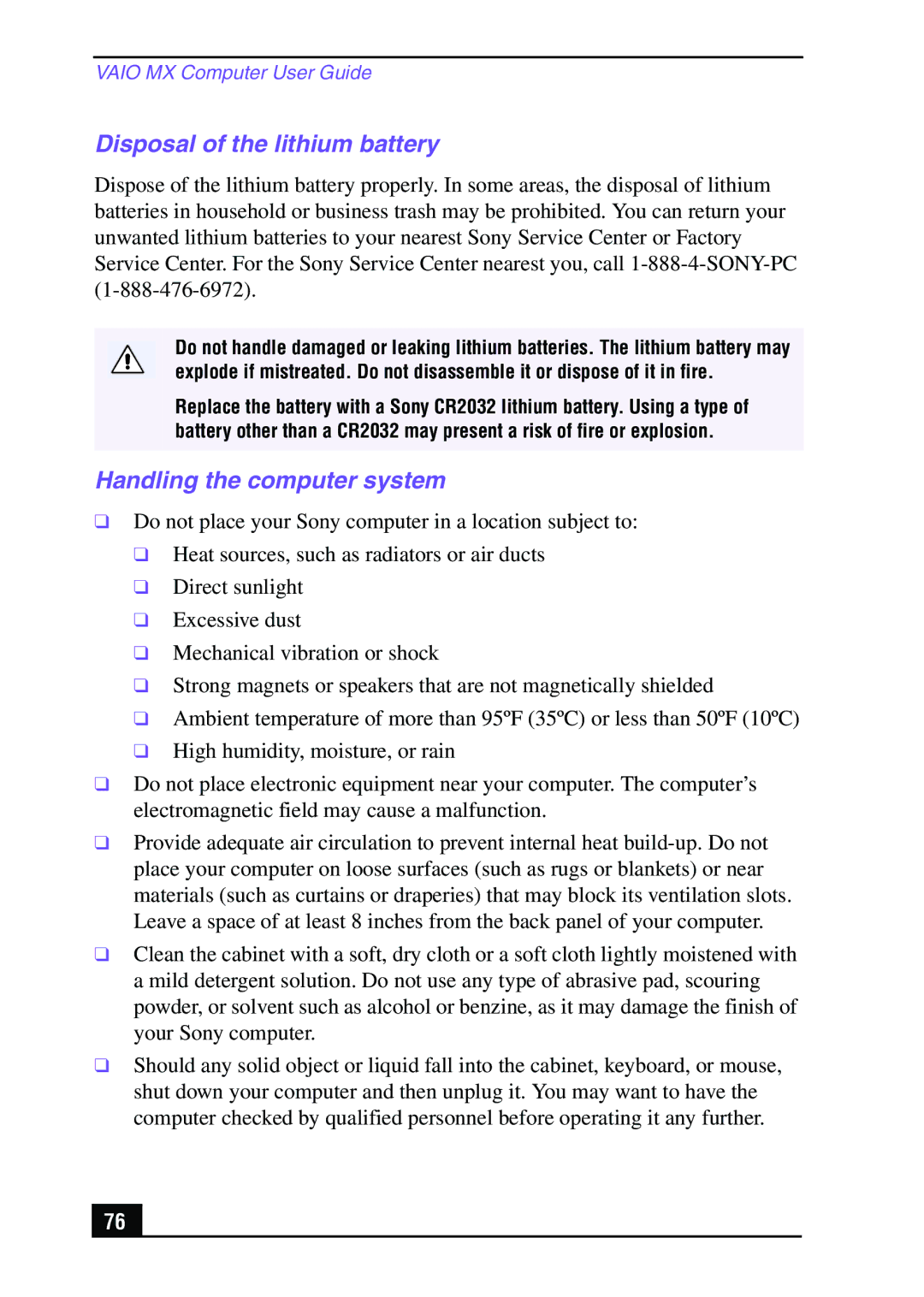 Sony PCV-MXS10 manual Disposal of the lithium battery, Handling the computer system 