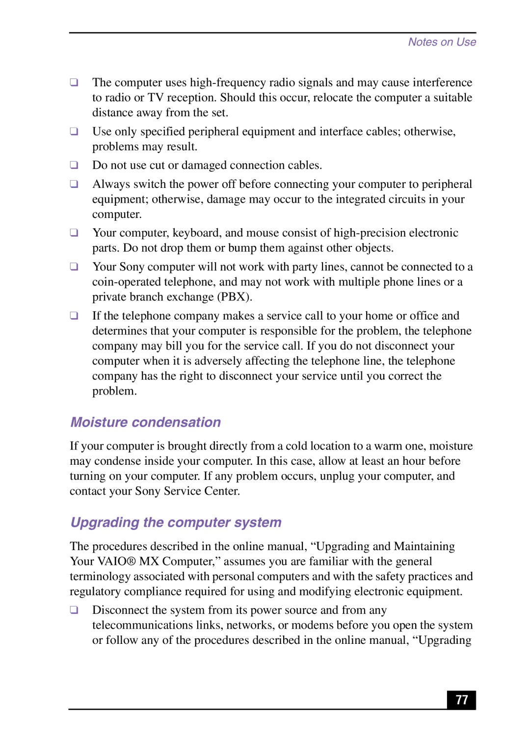 Sony PCV-MXS10 manual Moisture condensation, Upgrading the computer system 