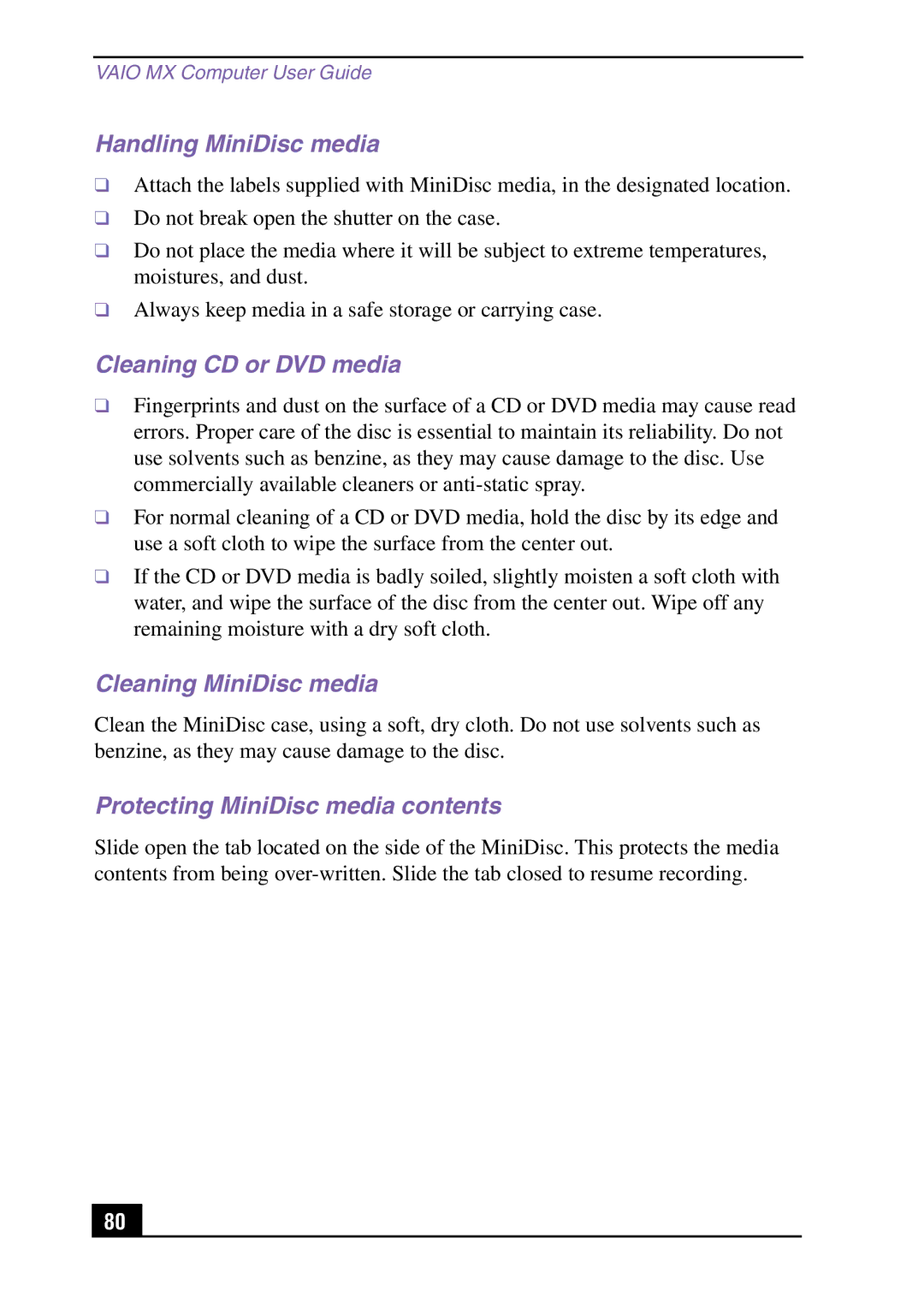 Sony PCV-MXS10 manual Handling MiniDisc media, Cleaning CD or DVD media, Cleaning MiniDisc media 