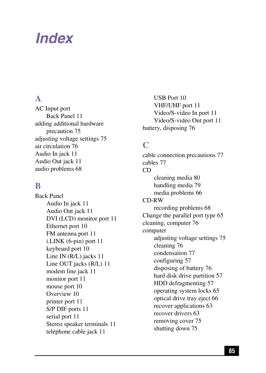 Sony PCV-MXS10 manual Index 