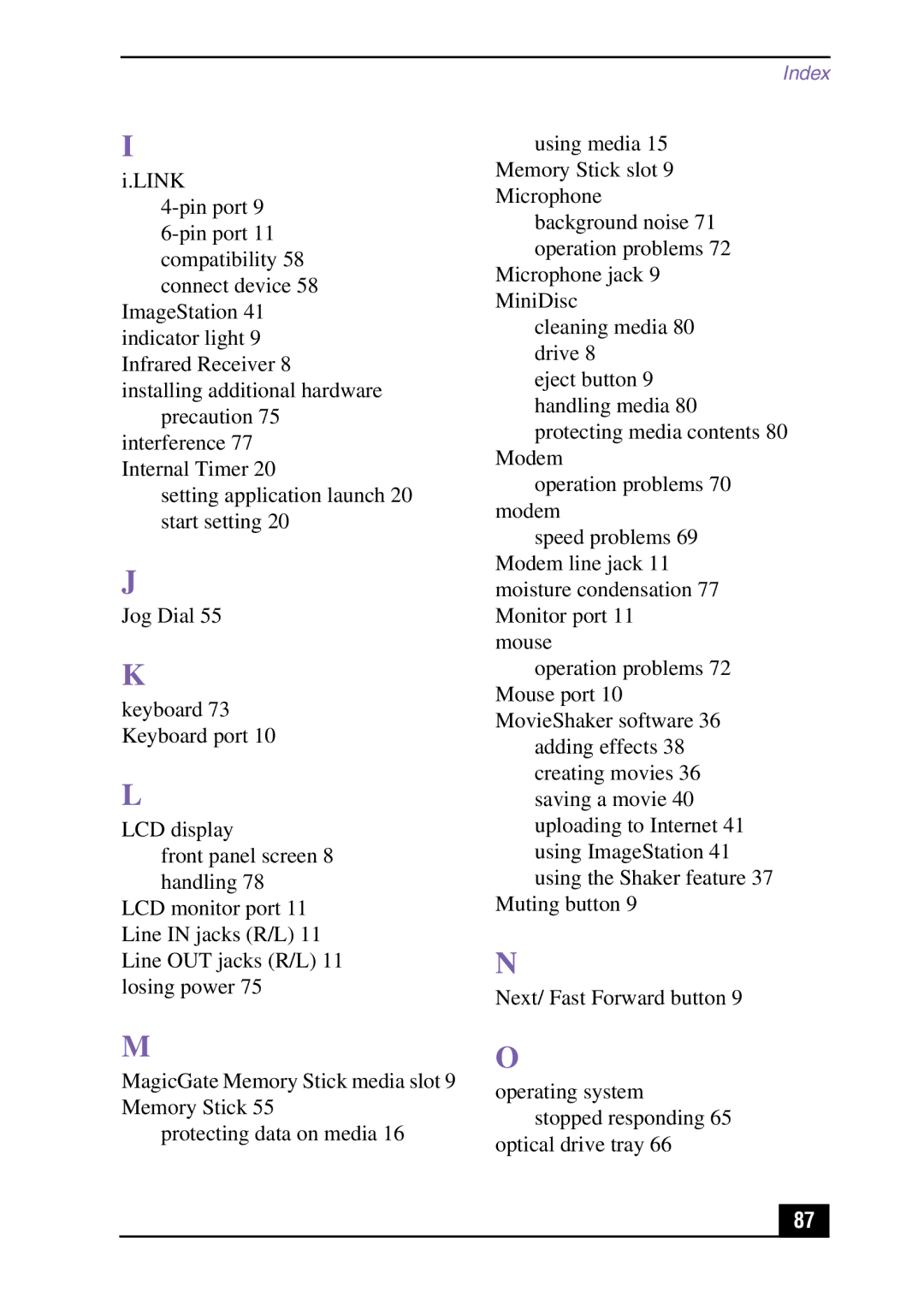 Sony PCV-MXS10 manual Index 