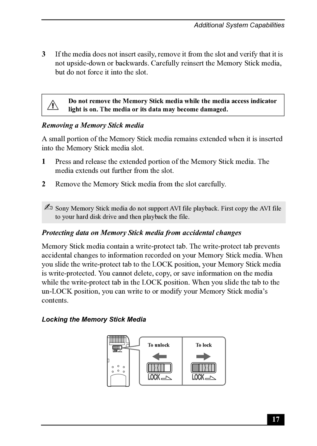 Sony PCV-MXS20 manual Removing a Memory Stick media 