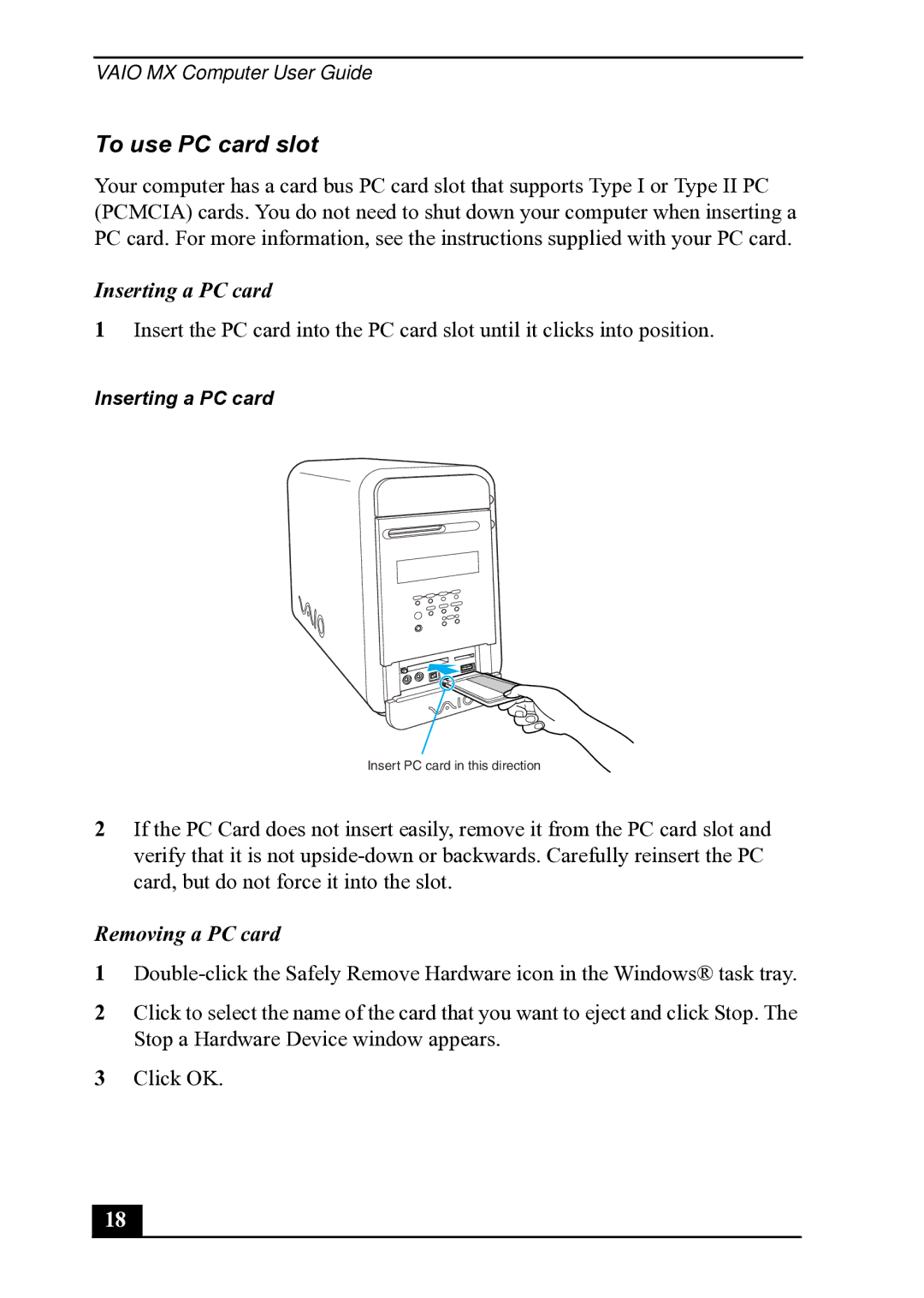 Sony PCV-MXS20 manual To use PC card slot, Inserting a PC card, Removing a PC card 