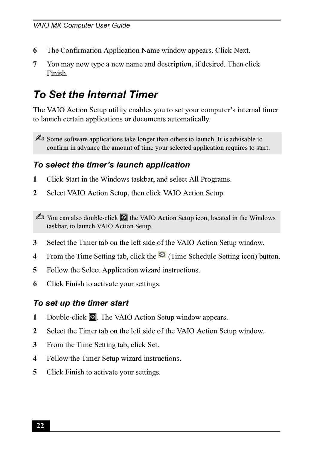 Sony PCV-MXS20 manual To Set the Internal Timer, To select the timer’s launch application, To set up the timer start 