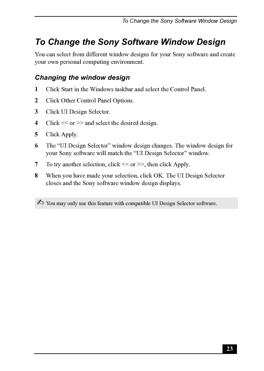 Sony PCV-MXS20 manual To Change the Sony Software Window Design, Changing the window design 