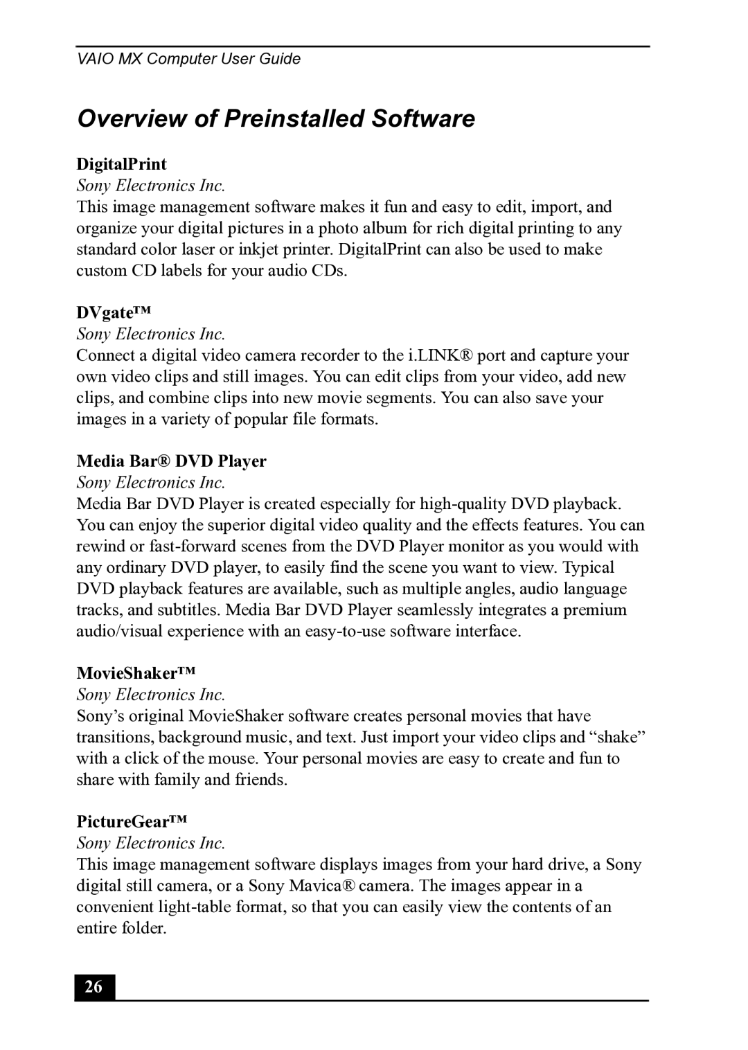 Sony PCV-MXS20 manual Overview of Preinstalled Software, Sony Electronics Inc 